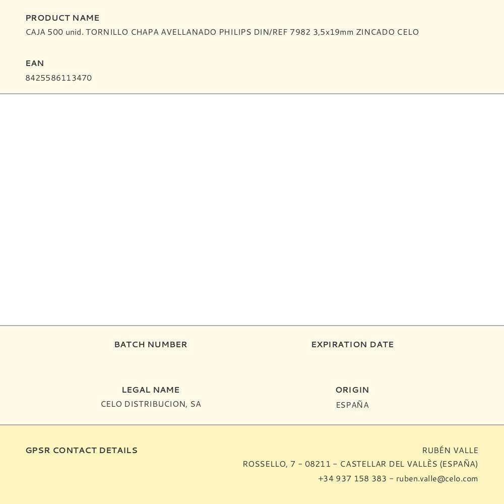 CAJA 500 unid. TORNILLO CHAPA AVELLANADO PHILIPS DIN/REF 7982 3,5x19mm ZINCADO CELO gallery 0