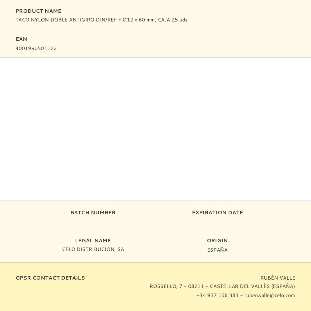 TACO NYLON DOBLE ANTIGIRO DIN/REF F Ø12 x 60 mm, CAJA 25 uds gallery 0