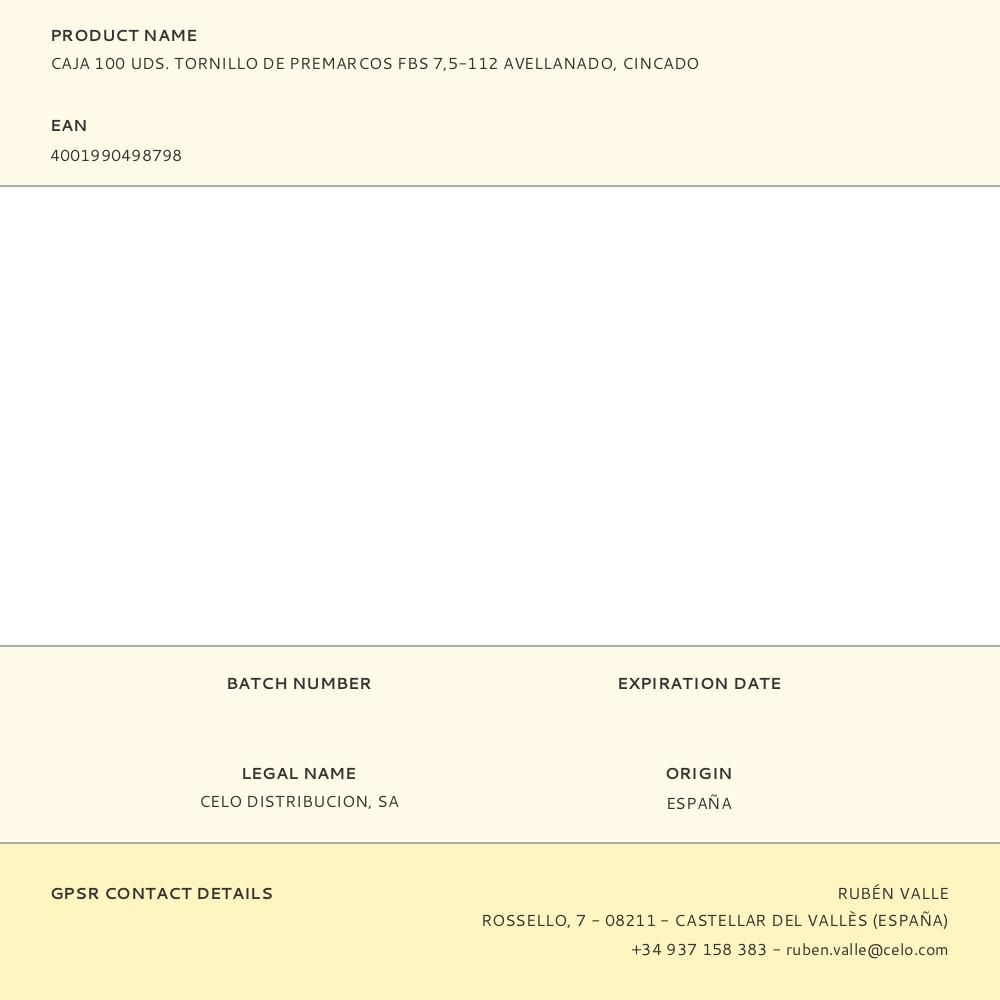 CAJA 100 UDS. TORNILLO DE PREMARCOS FBS 7,5-112 AVELLANADO, CINCADO gallery 0