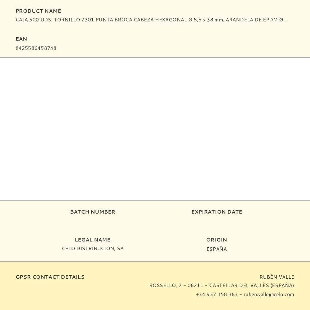 CAJA 500 UDS. TORNILLO 7301 PUNTA BROCA CABEZA HEXAGONAL Ø 5,5 x 38 mm. ARANDELA DE EPDM Ø16 CINCADO gallery 0