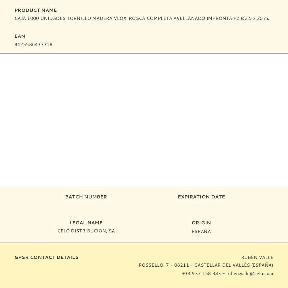 CAJA 1000 UNIDADES TORNILLO MADERA VLOX ROSCA COMPLETA AVELLANADO IMPRONTA PZ Ø2,5 x 20 mm. BICROMATADO gallery 0
