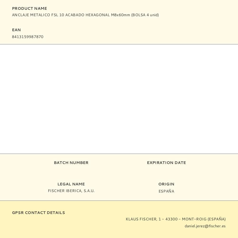 ANCLAJE METÁLICO FSL 10 ACABADO HEXAGONAL M8 x 60 mm, BOLSA 4 uds gallery 0