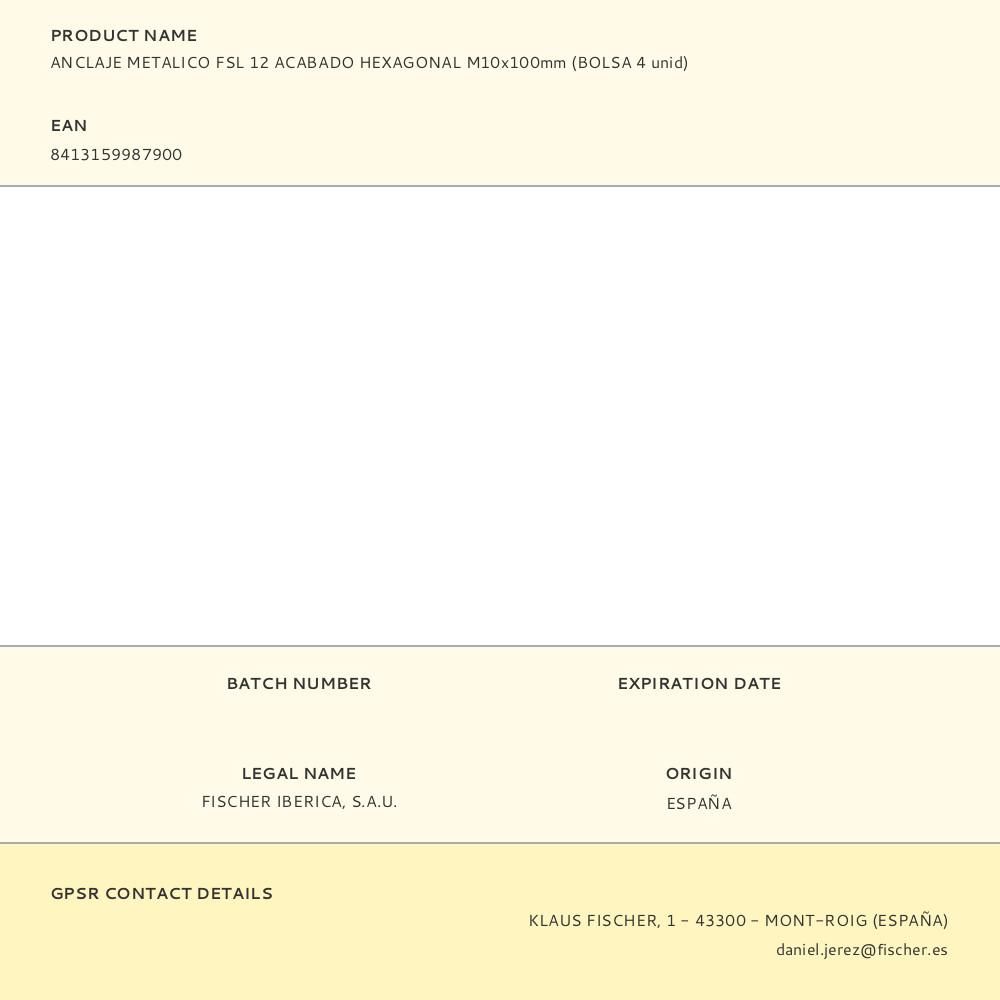 ANCLAJE METÁLICO FSL 12 ACABADO HEXAGONAL M10 x 100 mm, BOLSA 4 uds gallery 0