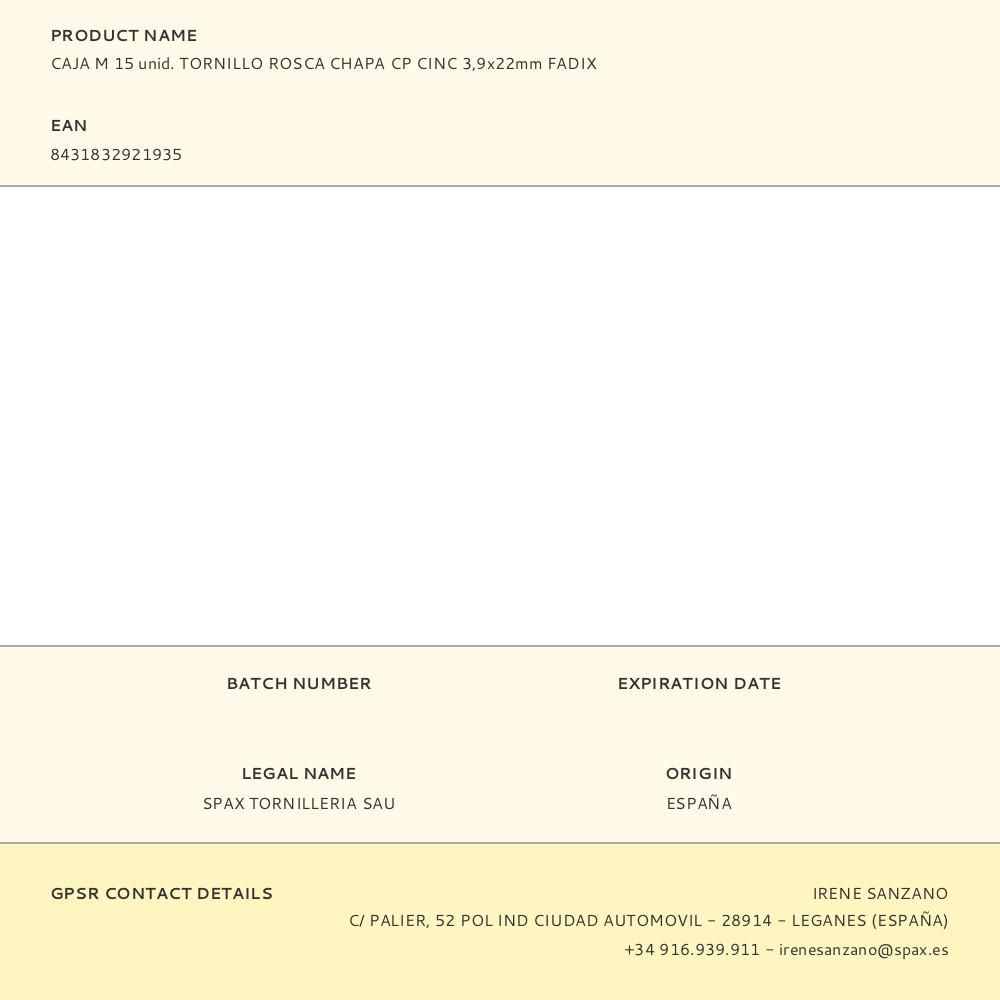 CAJA M 15 unid. TORNILLO ROSCA CHAPA CP CINC 3,9x22mm FADIX gallery 1