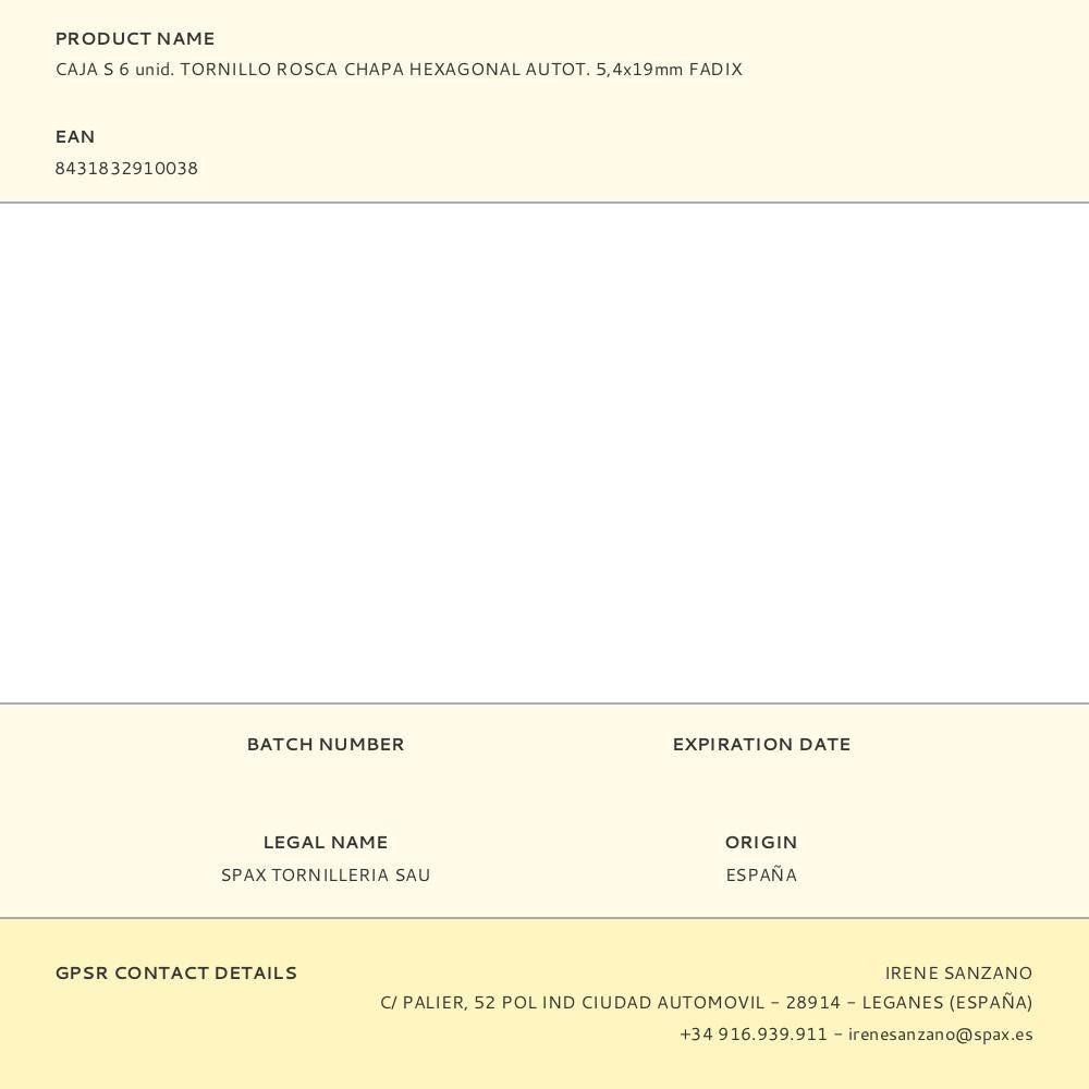 CAJA S 6 unid. TORNILLO ROSCA CHAPA HEXAGONAL AUTOT. 5,4x19mm FADIX gallery 1