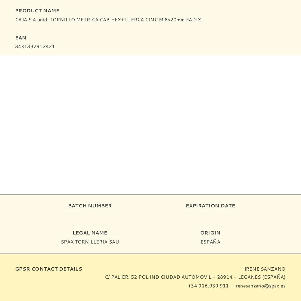 CAJA S 4 unid. TORNILLO METRICA CAB HEX+TUERCA CINC M 8x20mm FADIX gallery 1