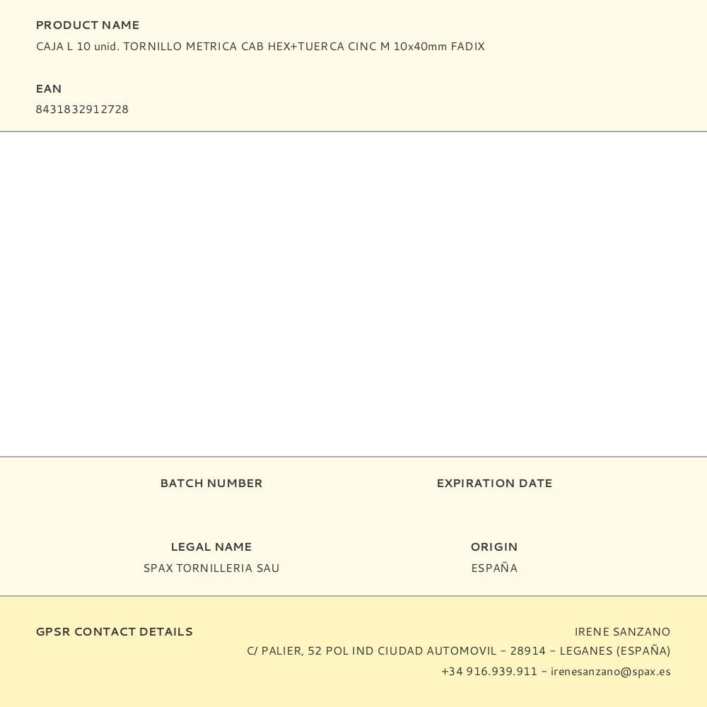 CAJA L 10 unid. TORNILLO METRICA CAB HEX+TUERCA CINC M 10x40mm FADIX gallery 1