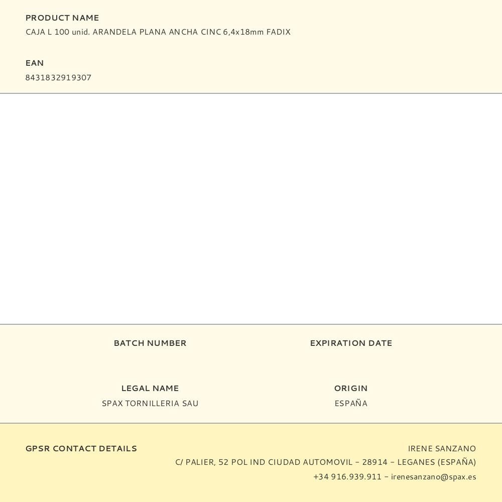 CAJA L 100 unid. ARANDELA PLANA ANCHA CINC 6,4x18mm FADIX gallery 1