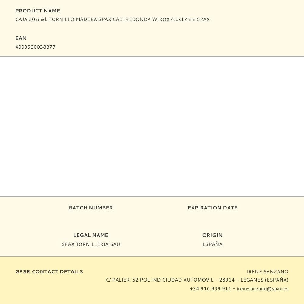 CAJA 20 unid. TORNILLO MADERA SPAX CAB. REDONDA WIROX 4,0x12mm SPAX gallery 0