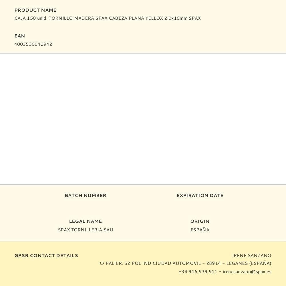 CAJA 150 unid. TORNILLO MADERA SPAX CABEZA PLANA YELLOX 2,0x10mm SPAX gallery 0