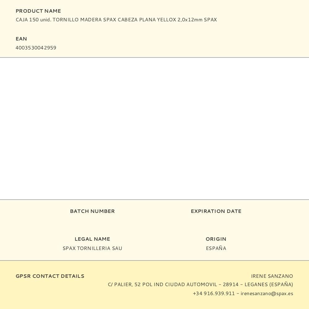 CAJA 150 unid. TORNILLO MADERA SPAX CABEZA PLANA YELLOX 2,0x12mm SPAX gallery 0