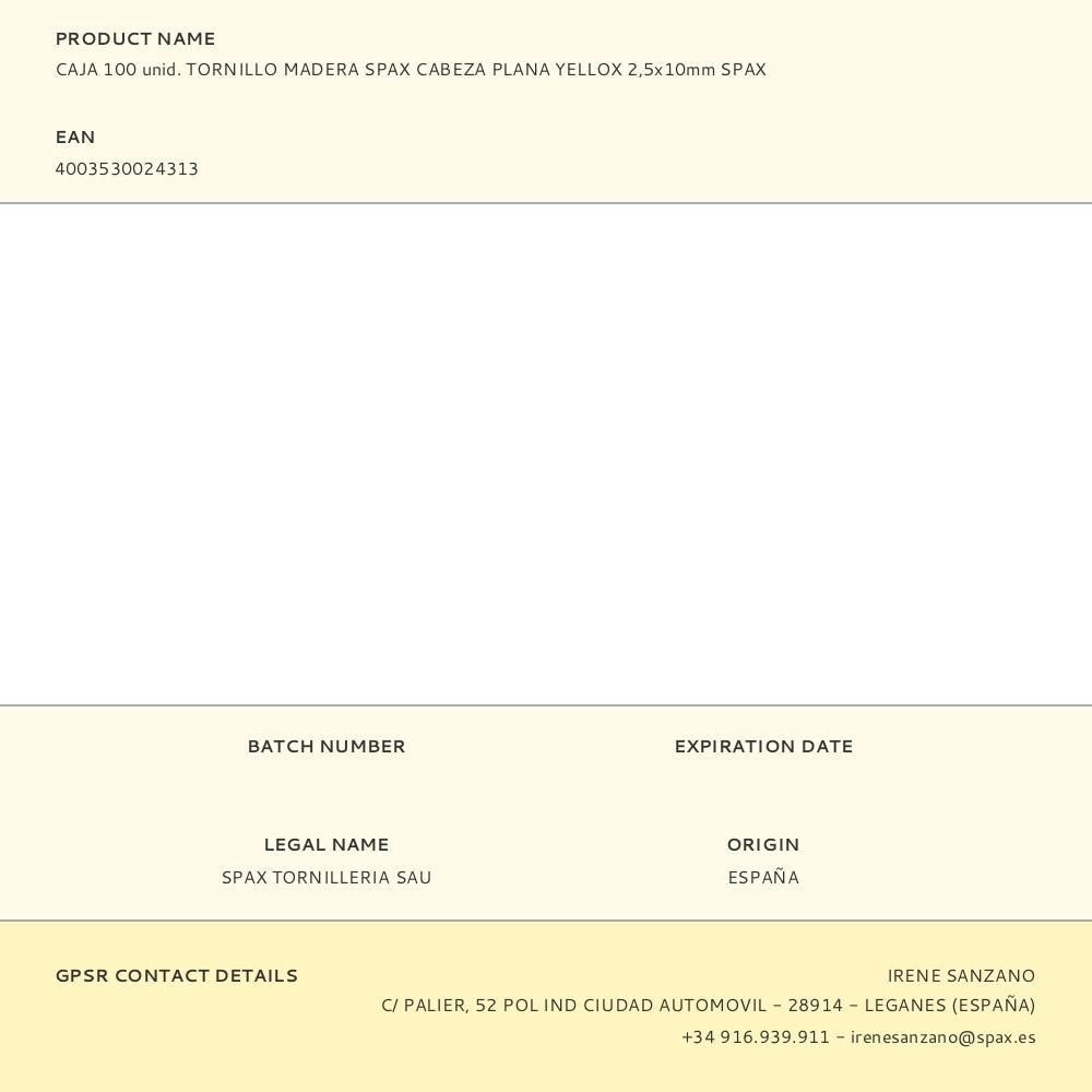 CAJA 100 unid. TORNILLO MADERA SPAX CABEZA PLANA YELLOX 2,5x10mm SPAX gallery 0