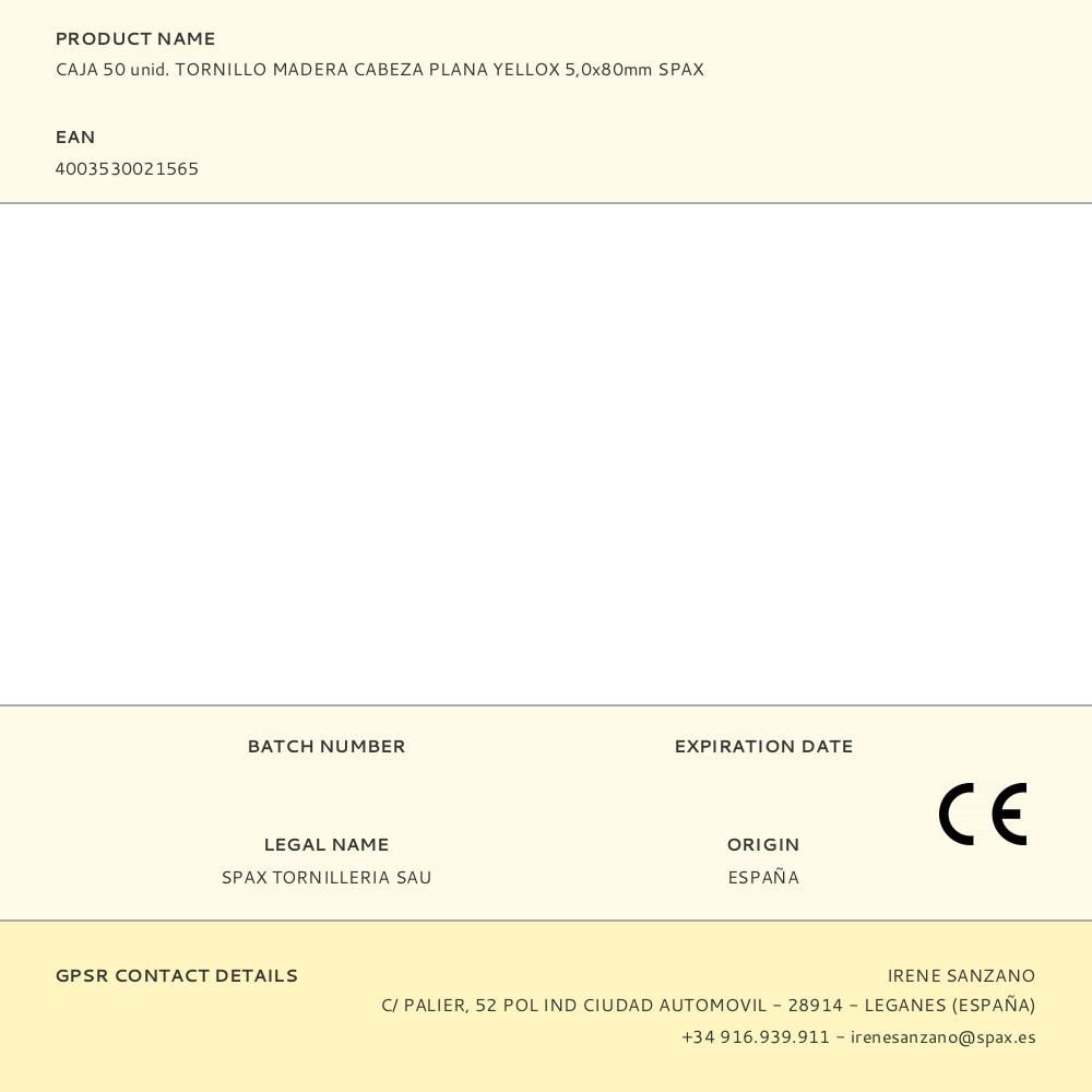 CAJA 50 unid. TORNILLO MADERA CABEZA PLANA YELLOX 5,0x80mm SPAX gallery 0