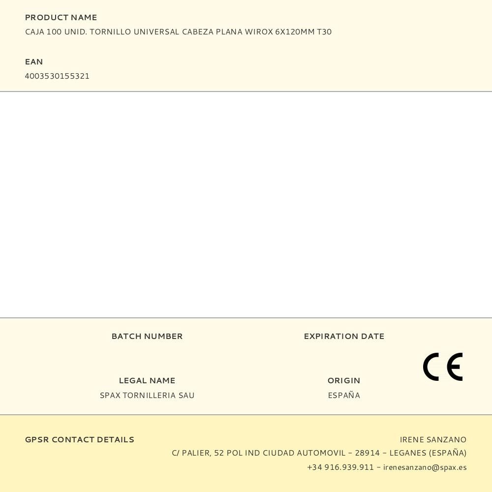 CAJA 100 UNID. TORNILLO UNIVERSAL CABEZA PLANA WIROX 6X120MM T30 gallery 0