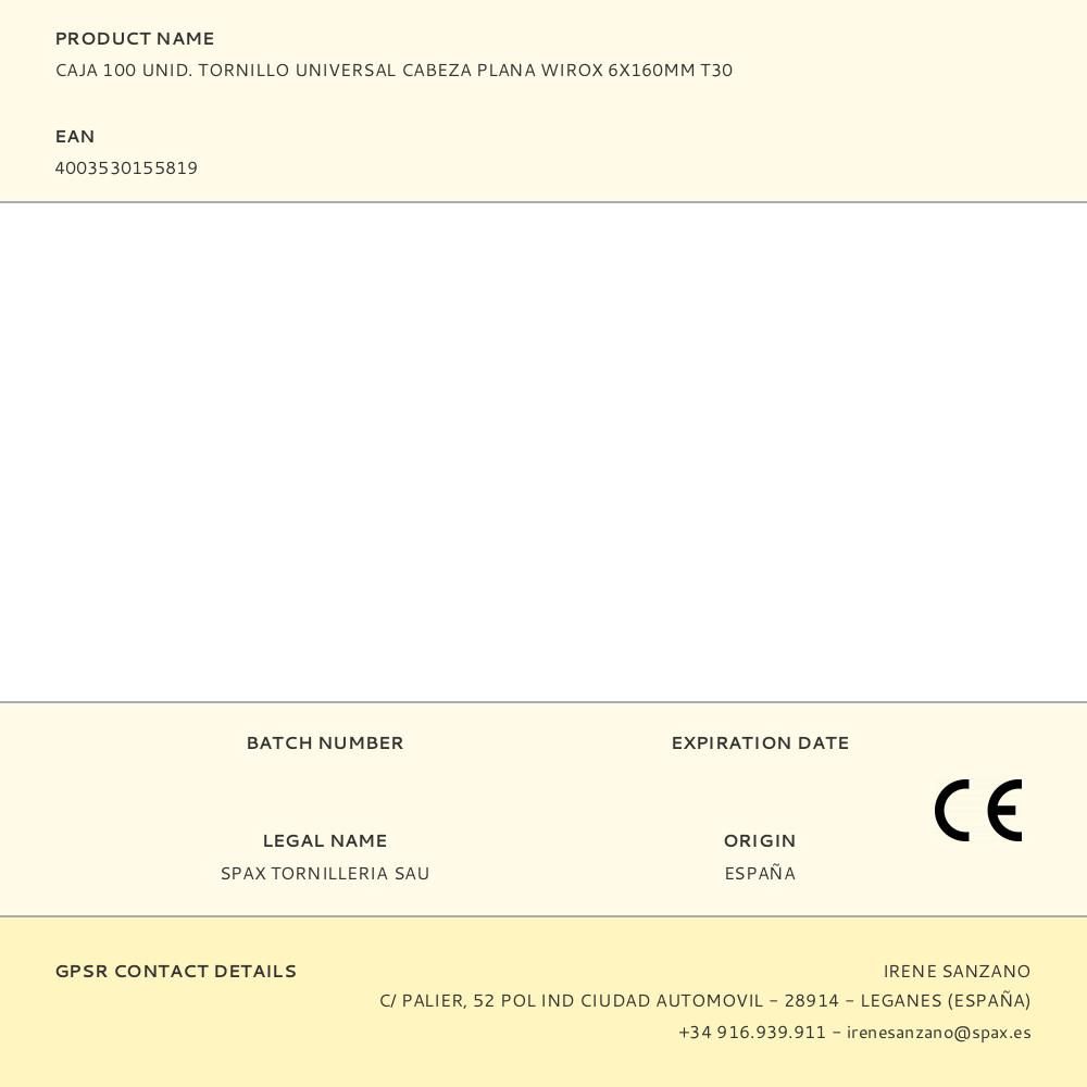 CAJA 100 UNID. TORNILLO UNIVERSAL CABEZA PLANA WIROX 6X160MM T30 gallery 0