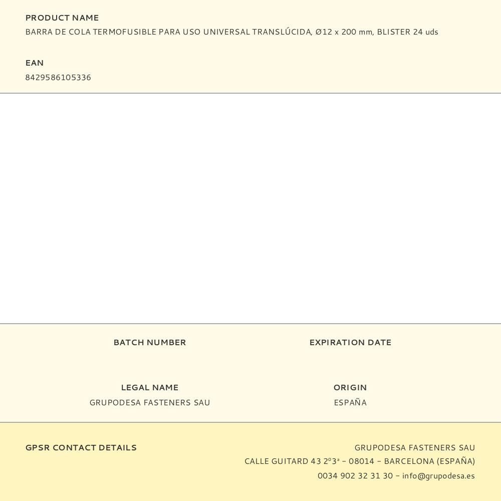 BARRA DE COLA TERMOFUSIBLE PARA USO UNIVERSAL TRANSLÚCIDA, Ø12 x 200 mm, BLISTER 24 uds gallery 2