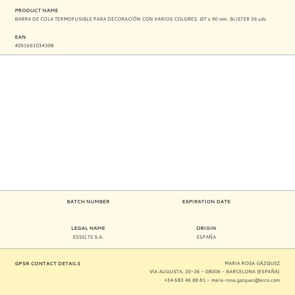 BARRA DE COLA TERMOFUSIBLE PARA DECORACIÓN CON VARIOS COLORES. Ø7 x 90 mm. BLISTER 36 uds gallery 3