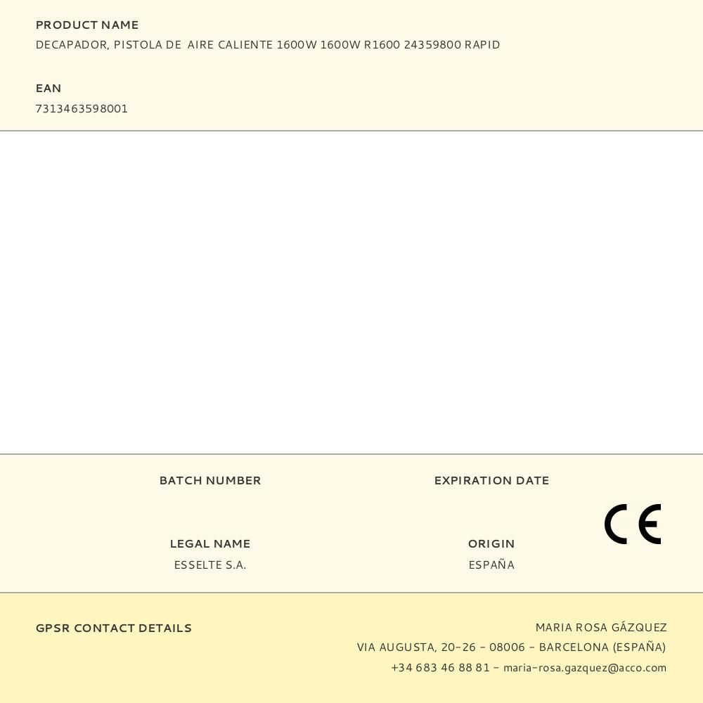 DECAPADOR, PISTOLA DE AIRE CALIENTE 1600W 1600W R1600 24359800 RAPID gallery 6