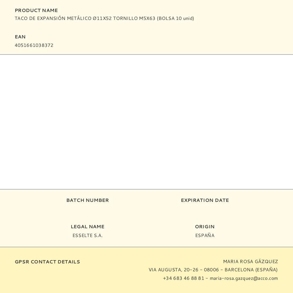 TACO DE EXPANSIÓN METÁLICO Ø11X52 TORNILLO M5X63 (BOLSA 10 unid) gallery 3