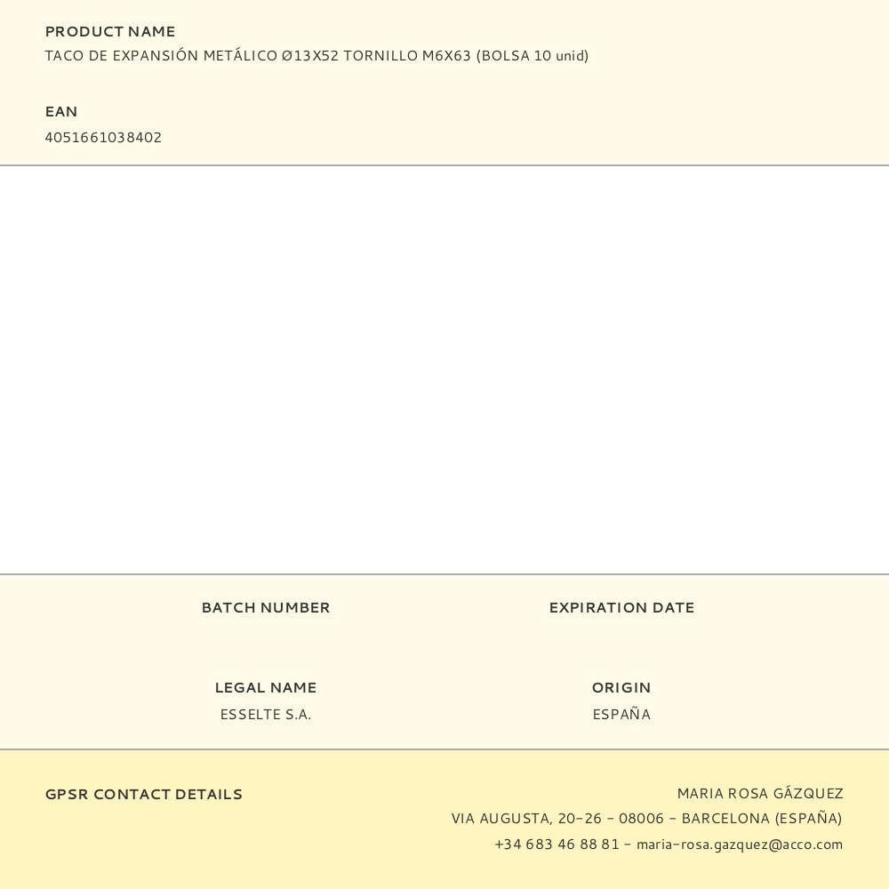 TACO DE EXPANSIÓN METÁLICO Ø13X52 TORNILLO M6X63 (BOLSA 10 unid) gallery 3