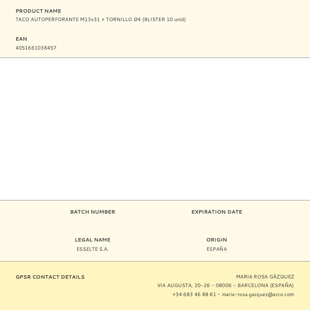 TACO AUTOPERFORANTE M13x31 + TORNILLO Ø4 (BLISTER 10 unid) gallery 4