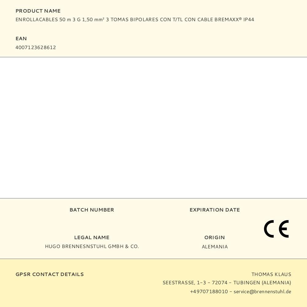 ENROLLACABLES 50 m 3 G 1,50 mm² 3 TOMAS BIPOLARES CON T/TL CON CABLE BREMAXX® IP44 gallery 0