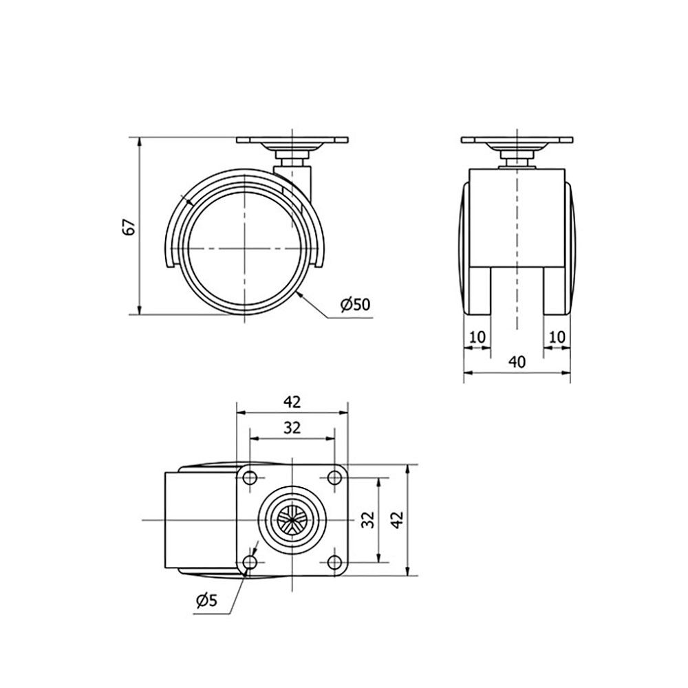 RUEDA GIRATORIA CON PLACA Y EJE LISO, COLOR NEGRO / GRIS, CARGA MÁX. 50 kg, 42 x 42 mm, Ø 5 cm gallery 0