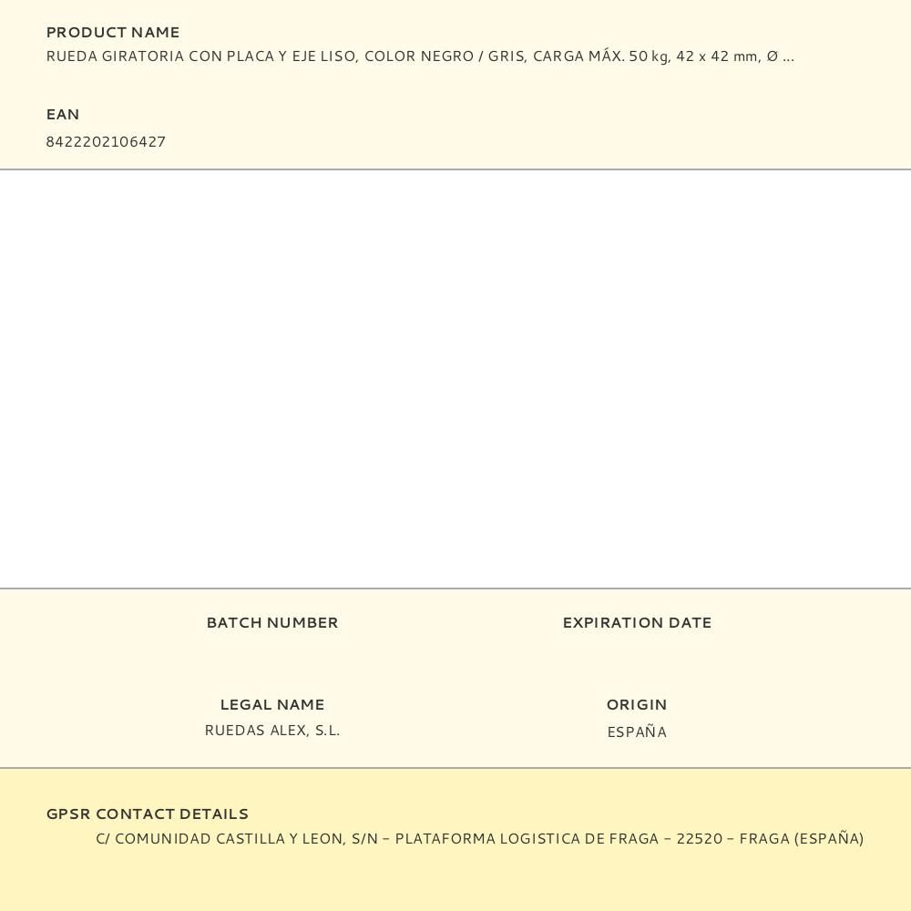 RUEDA GIRATORIA CON PLACA Y EJE LISO, COLOR NEGRO / GRIS, CARGA MÁX. 50 kg, 42 x 42 mm, Ø 5 cm gallery 1