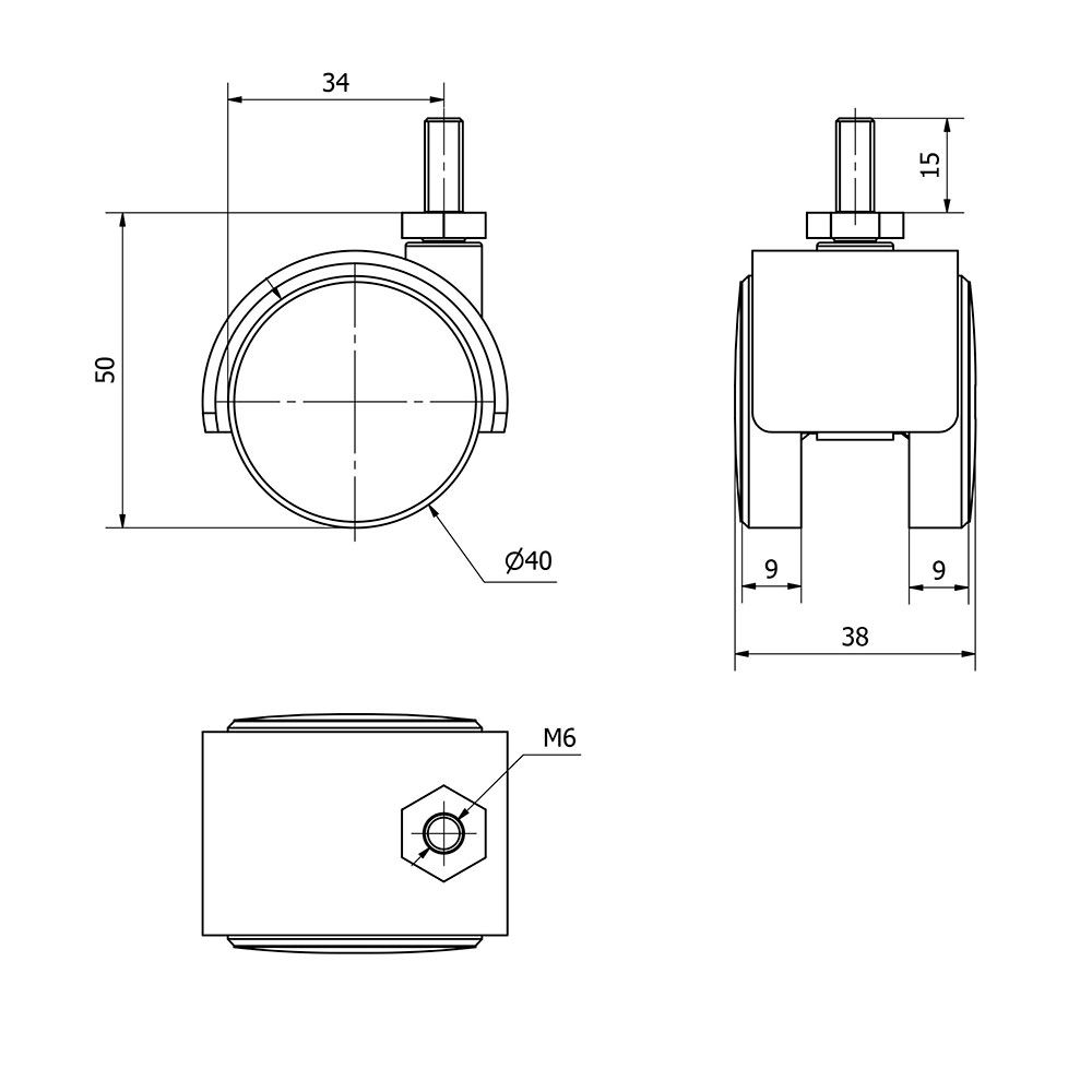 RUEDA GIRATORIA ESPIGA ROSCADA Y EJE LISO, COLOR NEGRO, CARGA MÁX. 20 kg, 6 x 15 cm, Ø 4 cm gallery 0