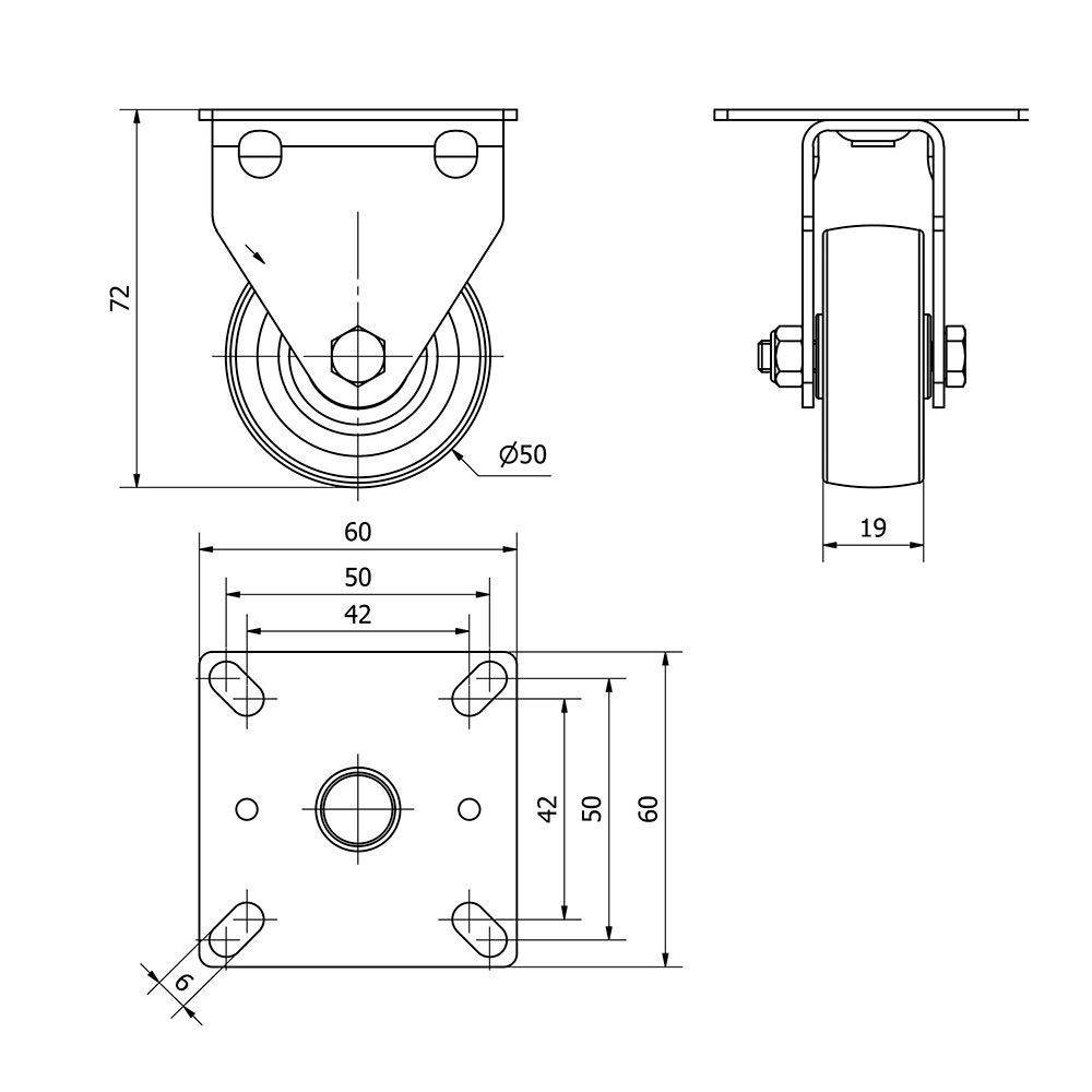 RUEDA FIJA DE GOMA CON PLACA Y EJE LISO, COLOR GRIS, CARGA MÁX. 40 kg, Ø 5 cm gallery 0