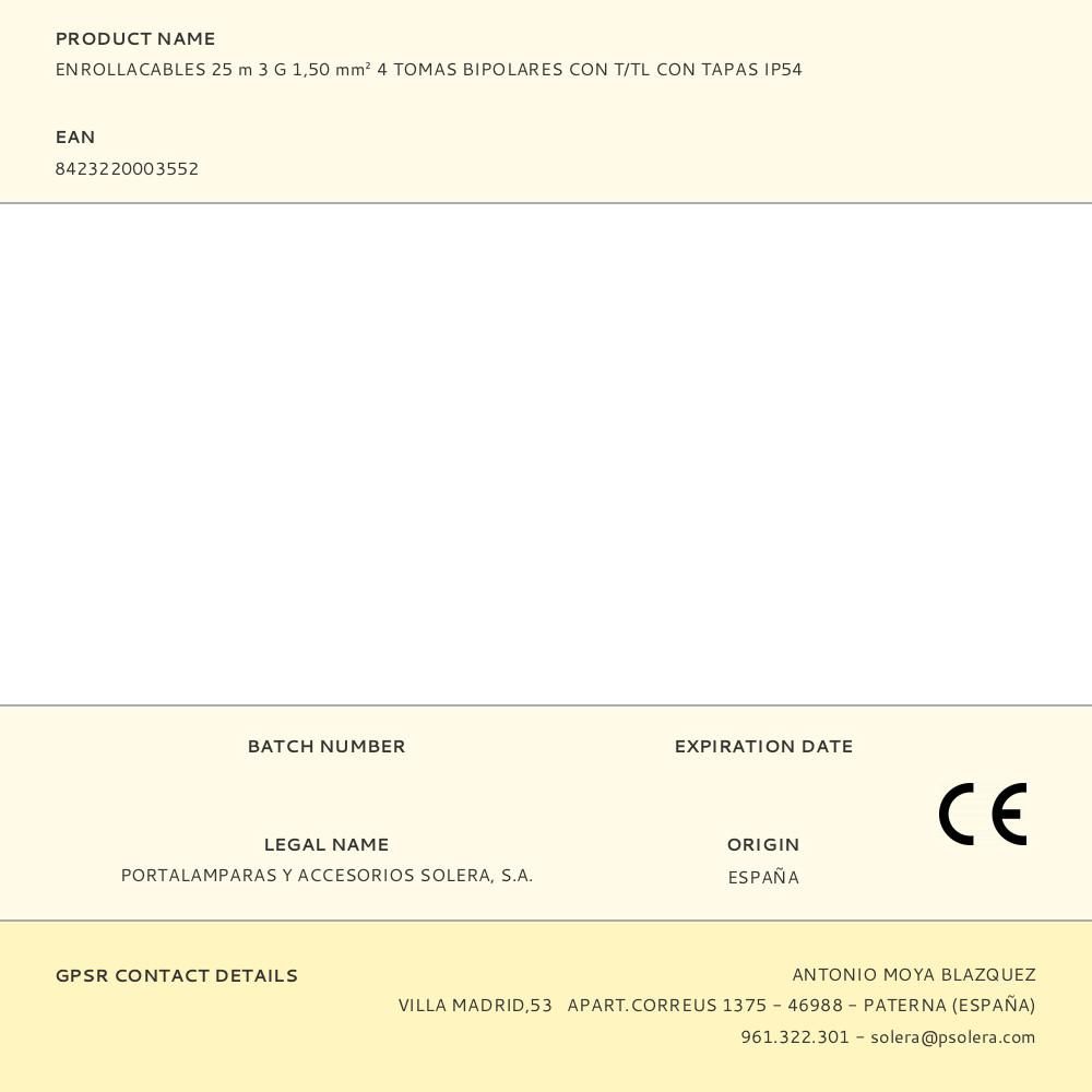 ENROLLACABLES 25 m 3 G 1,50 mm² 4 TOMAS BIPOLARES CON T/TL CON TAPAS IP54 gallery 0