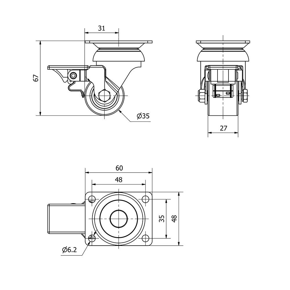 RUEDA GIRATORIA CON PLACA Y FRENO, RODAMIENTO DE BOLAS, COLOR NARANJA, CARGA MÁX. 100 kg, Ø 3,5 cm gallery 0