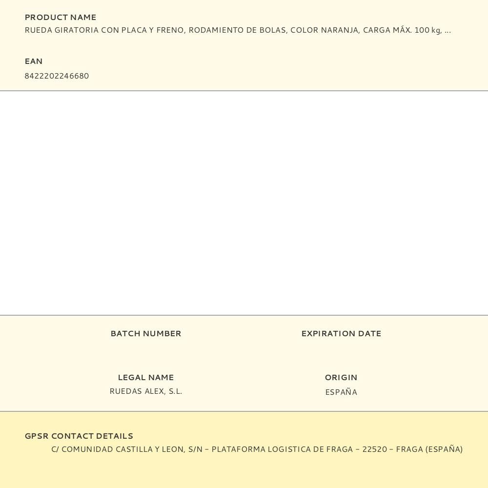 RUEDA GIRATORIA CON PLACA Y FRENO, RODAMIENTO DE BOLAS, COLOR NARANJA, CARGA MÁX. 100 kg, Ø 3,5 cm gallery 1