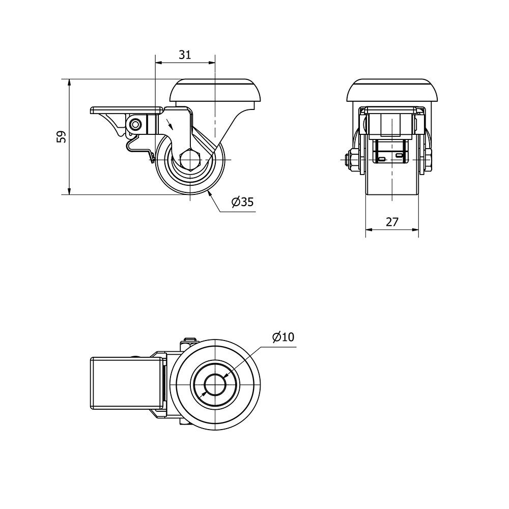 RUEDA GIRATORIA CON AGUJERO Y FRENO, RODAMIENTO DE BOLAS, COLOR NARANJA, CARGA MÁX. 100 kg, Ø 3,5 cm gallery 0