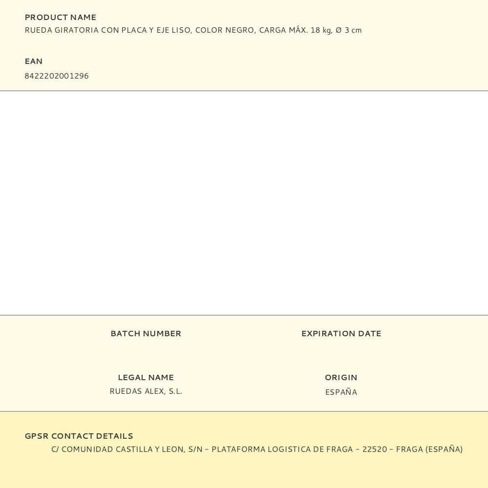 RUEDA GIRATORIA CON PLACA Y EJE LISO, COLOR NEGRO, CARGA MÁX. 18 kg, Ø 3 cm gallery 1