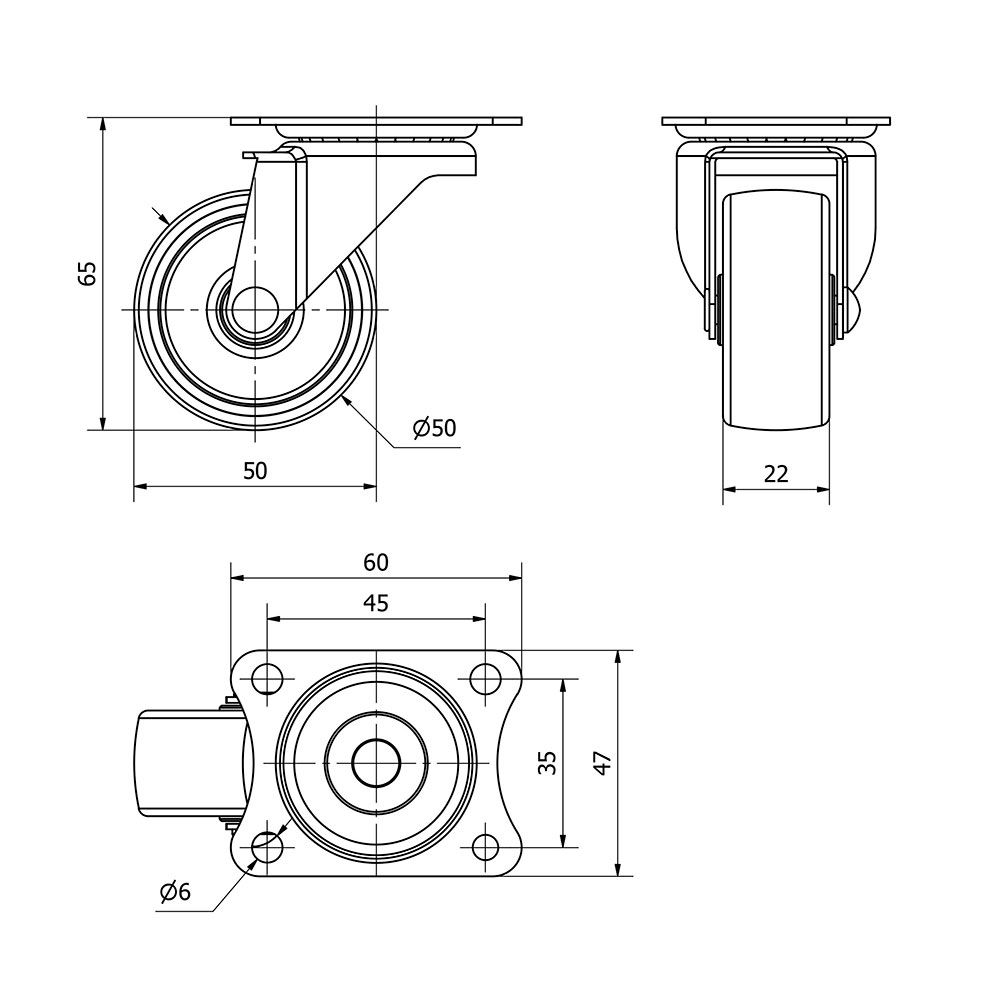 RUEDA GIRATORIA CON PLACA Y EJE LISO, COLOR NEGRO, CARGA MÁX. 30 kg, Ø 5 cm gallery 0