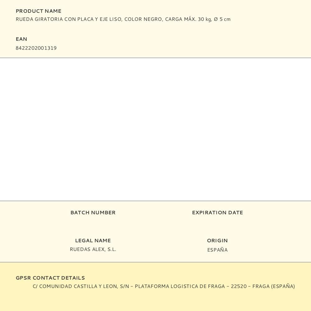 RUEDA GIRATORIA CON PLACA Y EJE LISO, COLOR NEGRO, CARGA MÁX. 30 kg, Ø 5 cm gallery 1