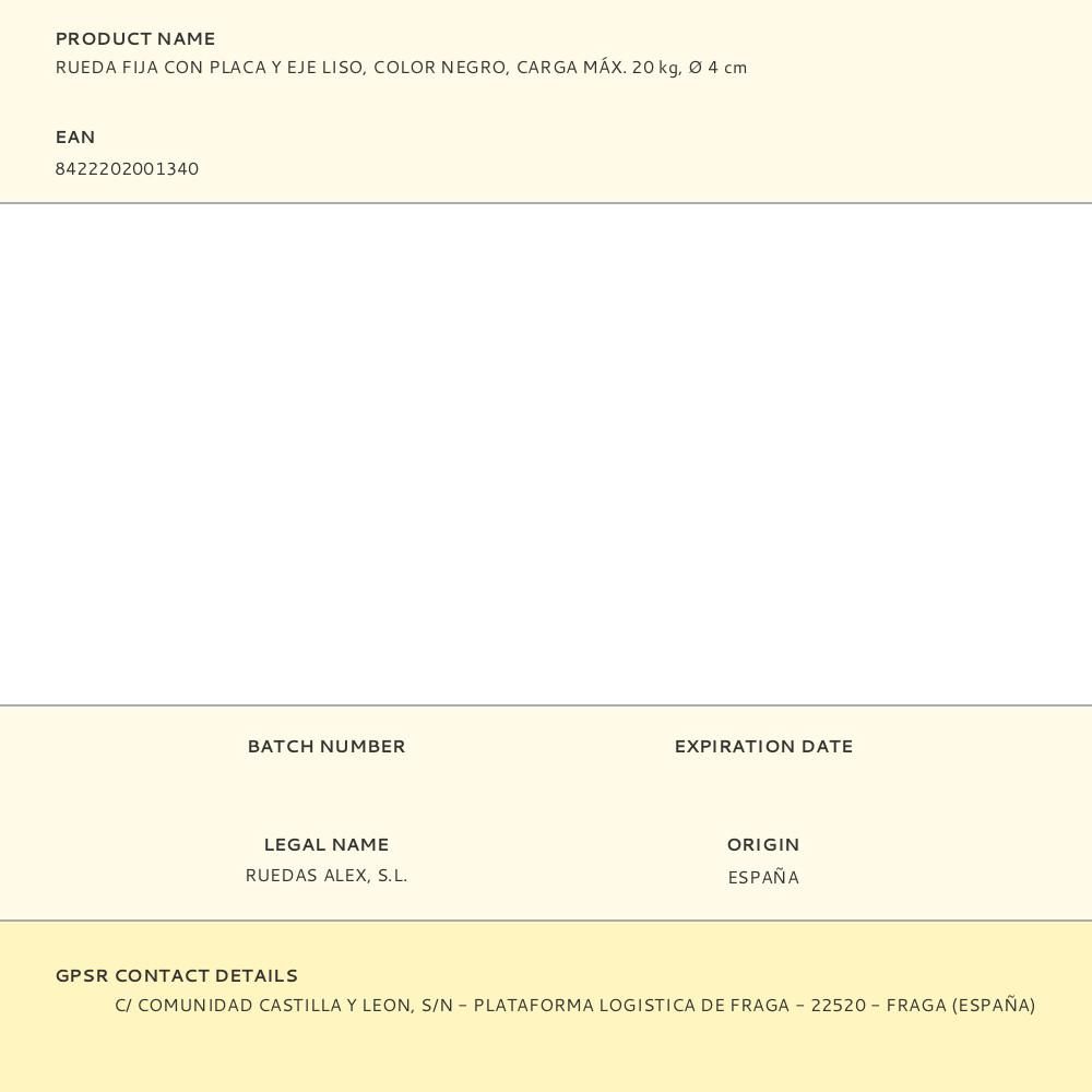 RUEDA FIJA CON PLACA Y EJE LISO, COLOR NEGRO, CARGA MÁX. 20 kg, Ø 4 cm gallery 1