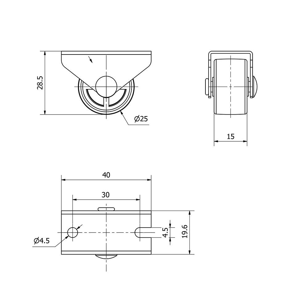 RUEDA FIJA DE GOMA CON PLACA Y EJE LISO DE DOS FIJACIONES, COLOR GRIS, CARGA MÁX. 40 kg. Ø 2,5 cm gallery 0