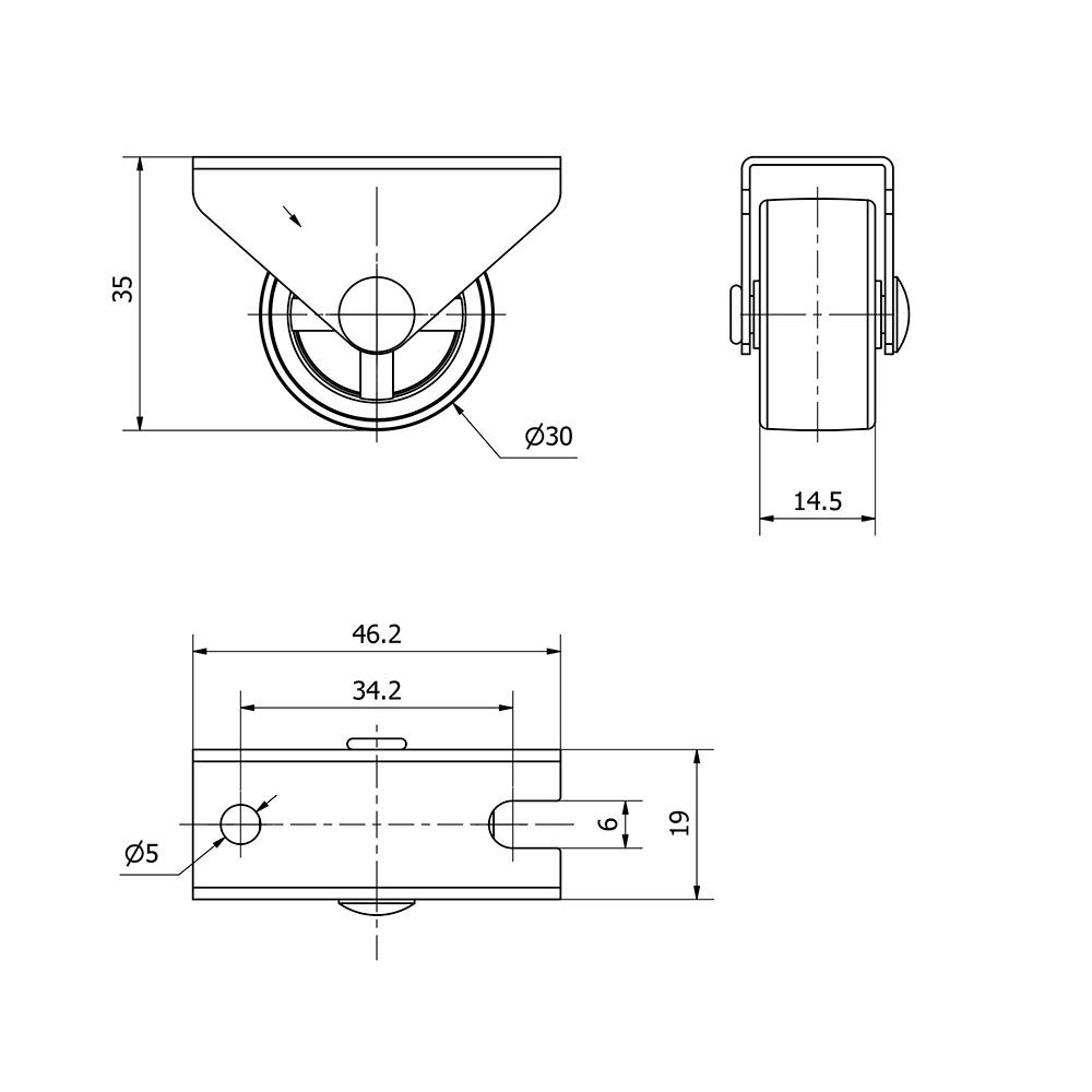 RUEDA FIJA DE GOMA CON PLACA Y EJE LISO DE DOS FIJACIONES, COLOR GRIS, CARGA MÁX. 45 kg. Ø 3 cm gallery 0