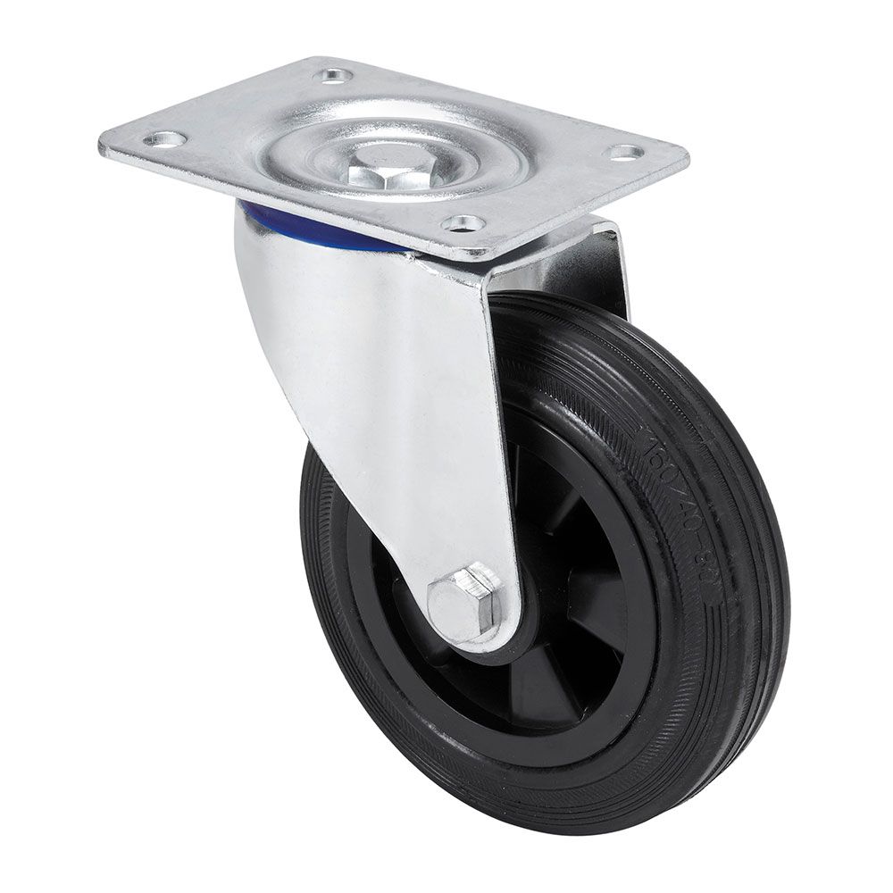 RUEDA GIRATORIA DE GOMA NATURAL CON PLACA Y EJE LISO, COLOR NEGRO, CARGA MÁX. 110 kg, Ø 12,5 cm