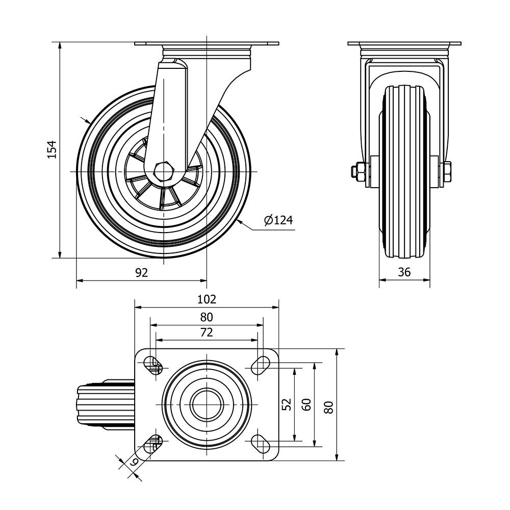 RUEDA GIRATORIA DE GOMA NATURAL CON PLACA Y EJE LISO, COLOR NEGRO, CARGA MÁX. 110 kg, Ø 12,5 cm gallery 0
