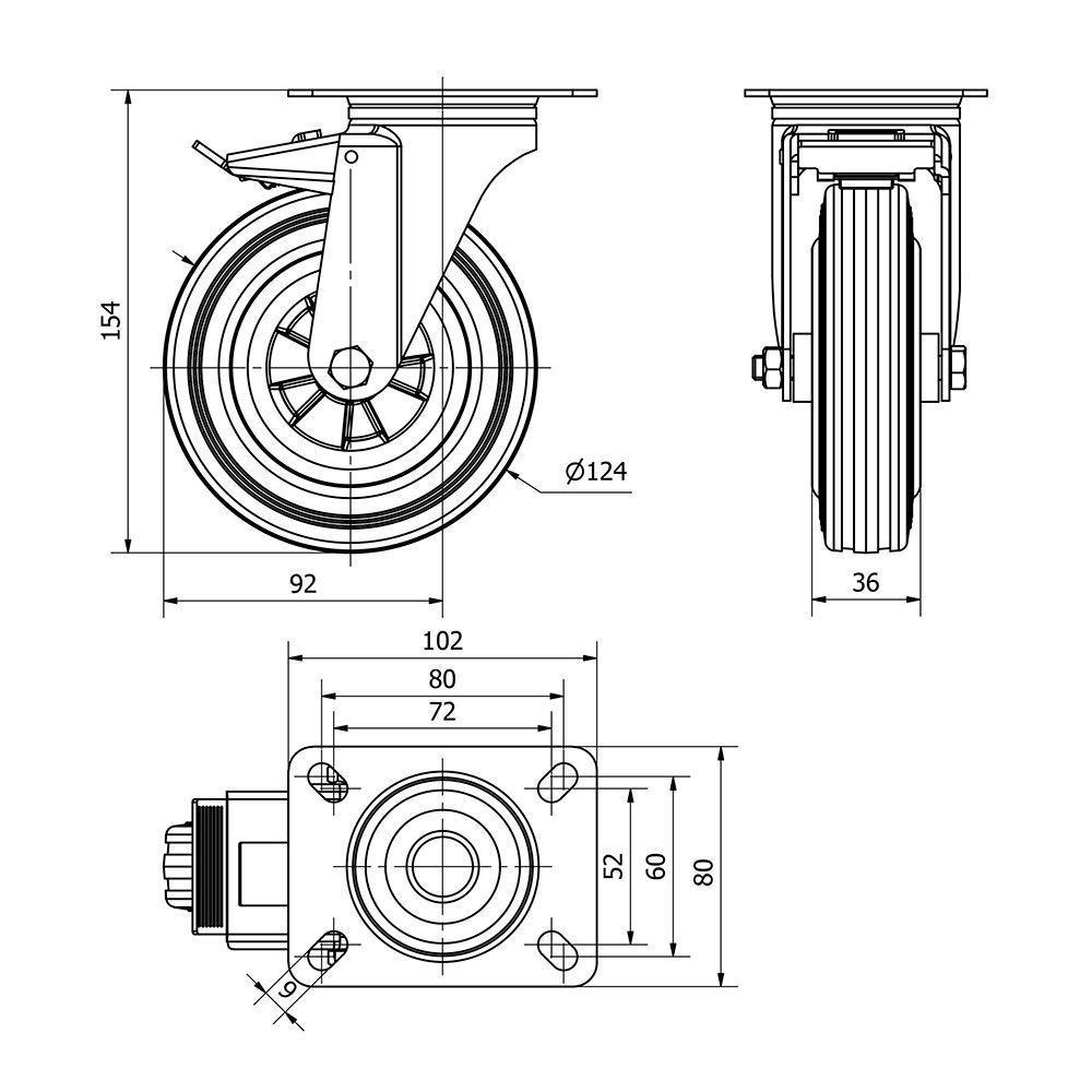 RUEDA GIRATORIA DE GOMA NATURAL CON PLACA, EJE LISO Y FRENO, COLOR NEGRO, CARGA MÁX. 110 kg, Ø 12,5 cm gallery 0