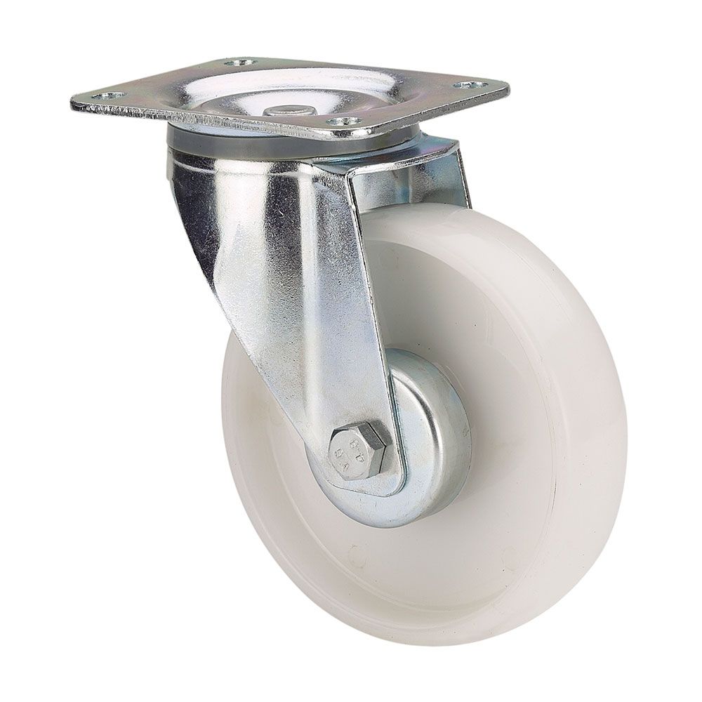 RUEDA GIRATORIA DE POLIAMIX CON PLACA Y EJE LISO, COLOR BLANCO, CARGA MÁX. 130 kg, Ø 8 cm