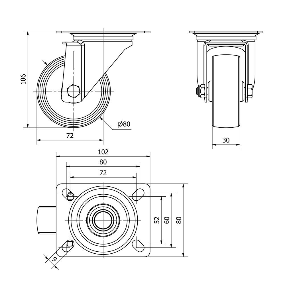 RUEDA GIRATORIA DE POLIAMIX CON PLACA Y EJE LISO, COLOR BLANCO, CARGA MÁX. 130 kg, Ø 8 cm gallery 0
