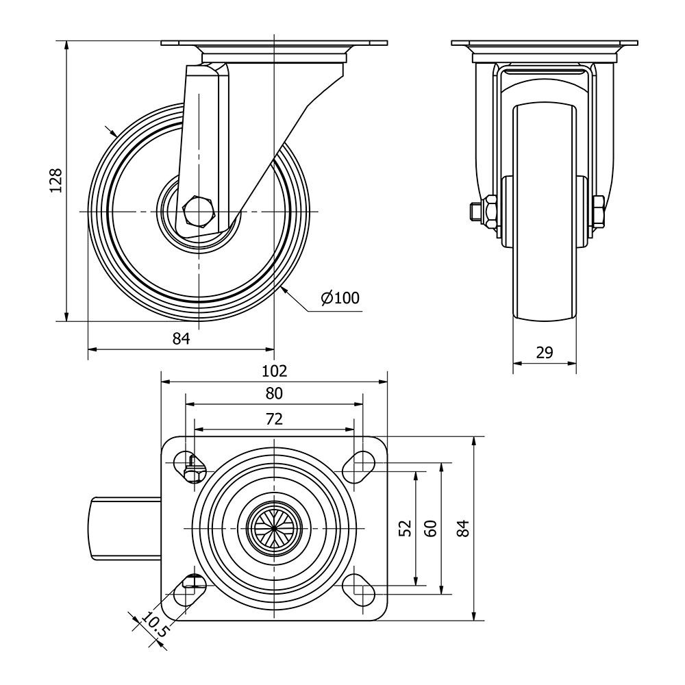 RUEDA GIRATORIA DE POLIAMIX CON PLACA Y EJE LISO, COLOR BLANCO, CARGA MÁX. 150 kg, Ø 10 cm gallery 0