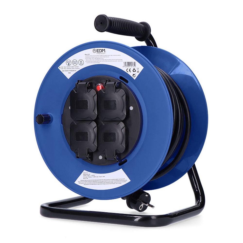 ENROLLACABLES 25 m 3 G 2,50 mm² 4 TOMAS BIPOLARES CON T/TL CON TAPAS PROFESIONAL CON PROTECTOR TERMICO 3000W 230V