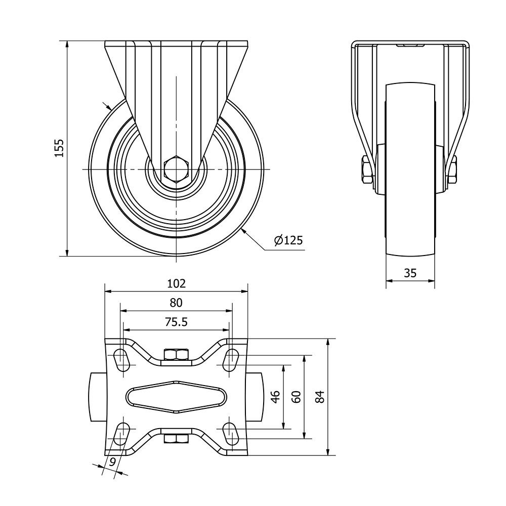 RUEDA FIJA DE GOMA, CON PLACA Y EJE DE RODILLOS, COLOR AZUL, CARGA MÁX. 130 kg, Ø 12,5 cm gallery 0