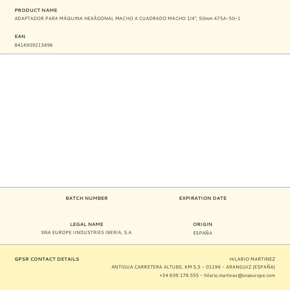 ADAPTADOR PARA MÁQUINA HEXÁGONAL MACHO A CUADRADO MACHO 1/4", 50mm 475A-50-1 gallery 0