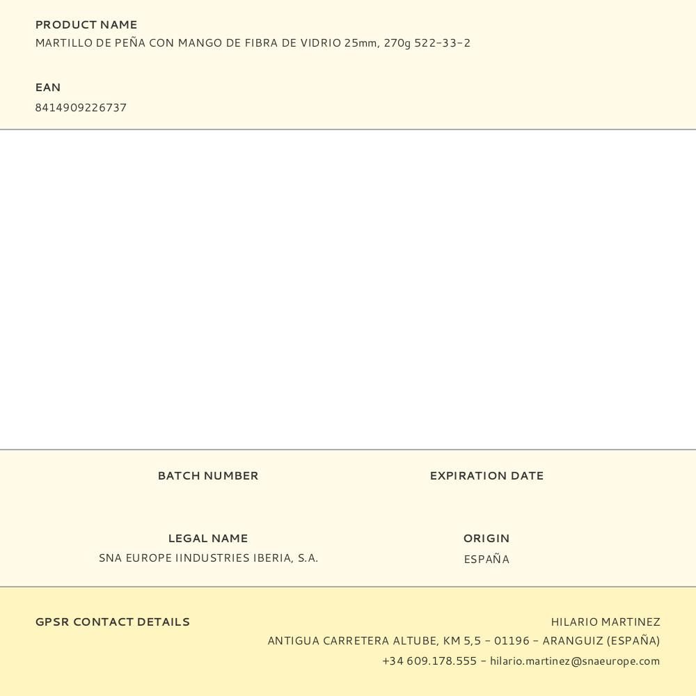 MARTILLO DE PEÑA CON MANGO DE FIBRA DE VIDRIO, 270 g - 25 mm gallery 0